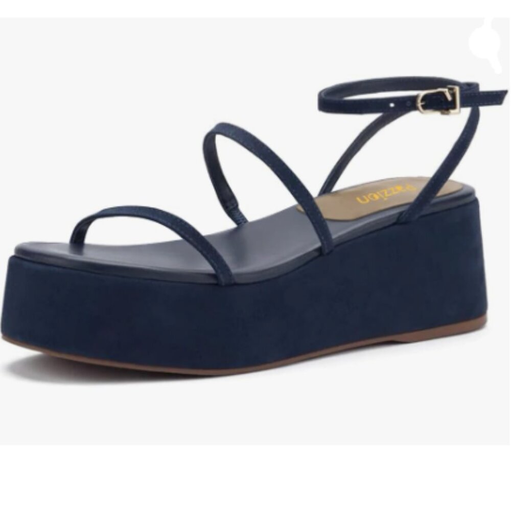 Navy Platform Ankle-Strap Sandal with Slim Straps